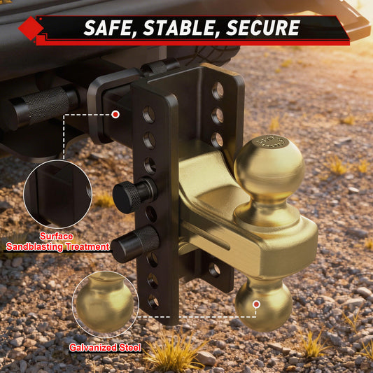 TYT Adjustable Truck Trailer Hitch for 2 inch Receiver, 6" Drop/Rise Tow Hitch with Dual Balls (2" & 2-5/16")(Gold),Includes Two Pin Locks & Hitch Tightener - TYT4WD