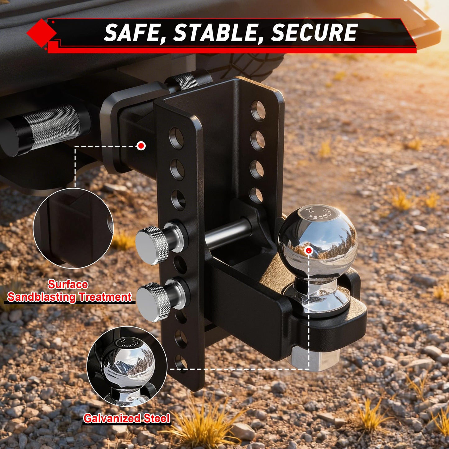 TYT Adjustable Trailer Hitch for 2" Receiver, 6" Drop/Rise, 2" Tow Ball, 7,500 lbs GTW / 750 lbs TW, Includes Two Pins and One Anti-Theft Pin Lock - TYT4WD