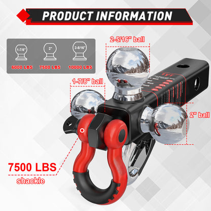 TYT Tri Ball Mount Trailer Hitch with Tow Hook & Shackle - TYT4WD