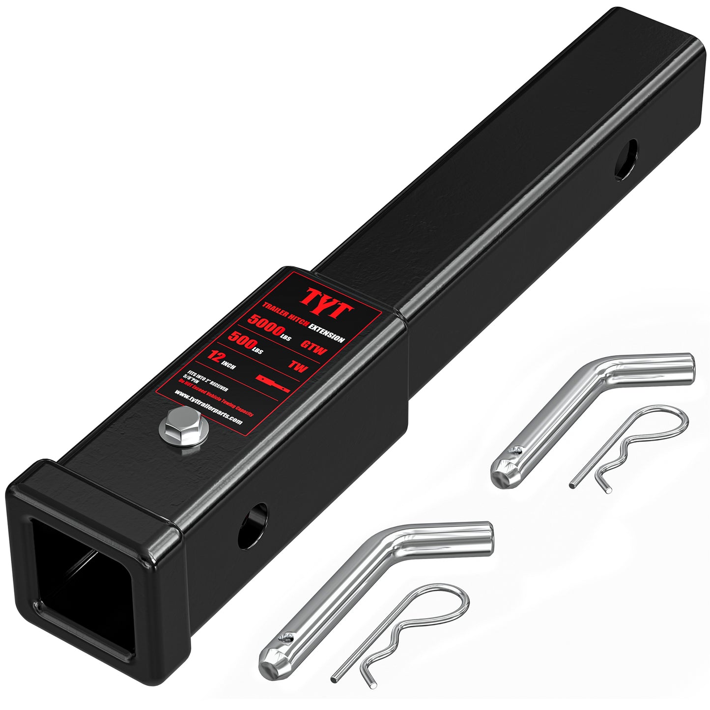 TYT 12" Trailer Hitch Extension for 2 inch Receiver Tube Extender，Includes 2 Sets of 5/8" Premium Hitch Pin, 5000 lbs GTW / 500 lbs TW - TYT4WD