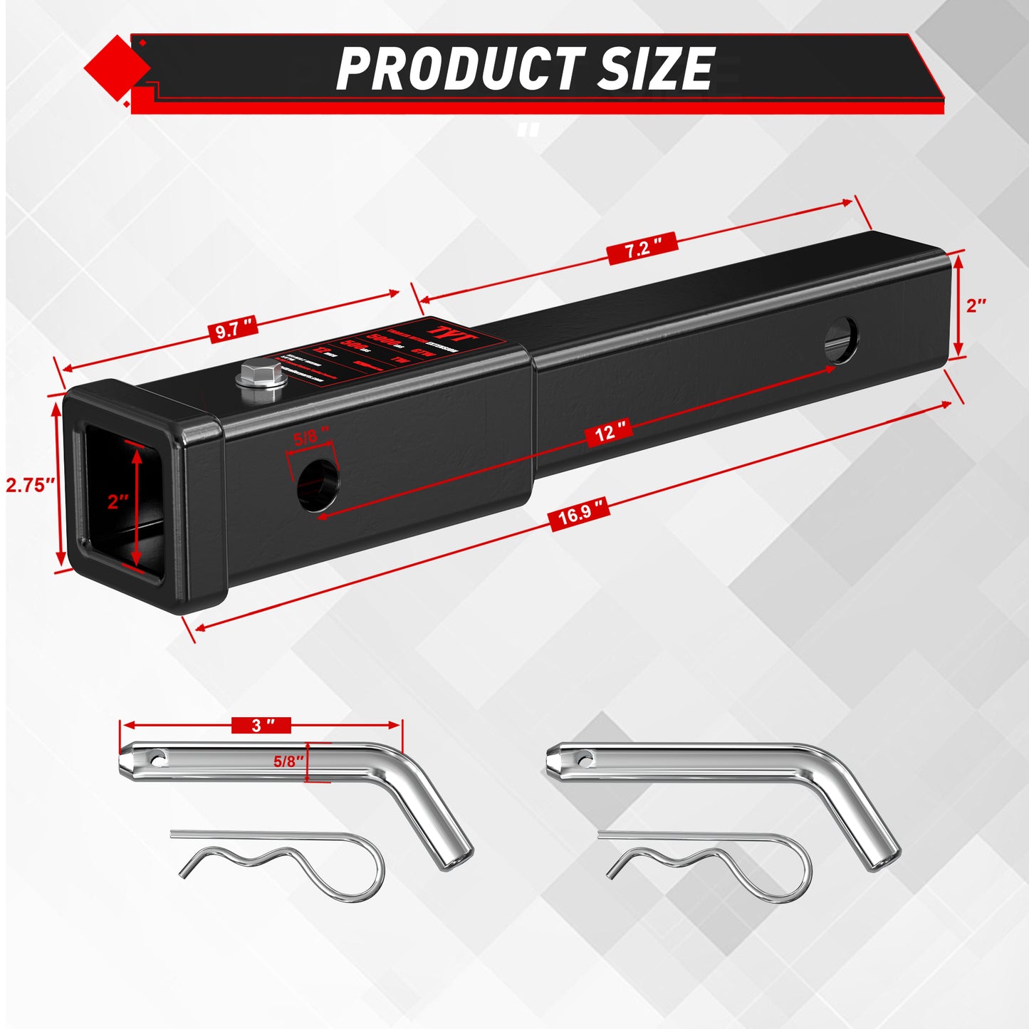 TYT 12" Trailer Hitch Extension for 2 inch Receiver Tube Extender，Includes 2 Sets of 5/8" Premium Hitch Pin, 5000 lbs GTW / 500 lbs TW - TYT4WD