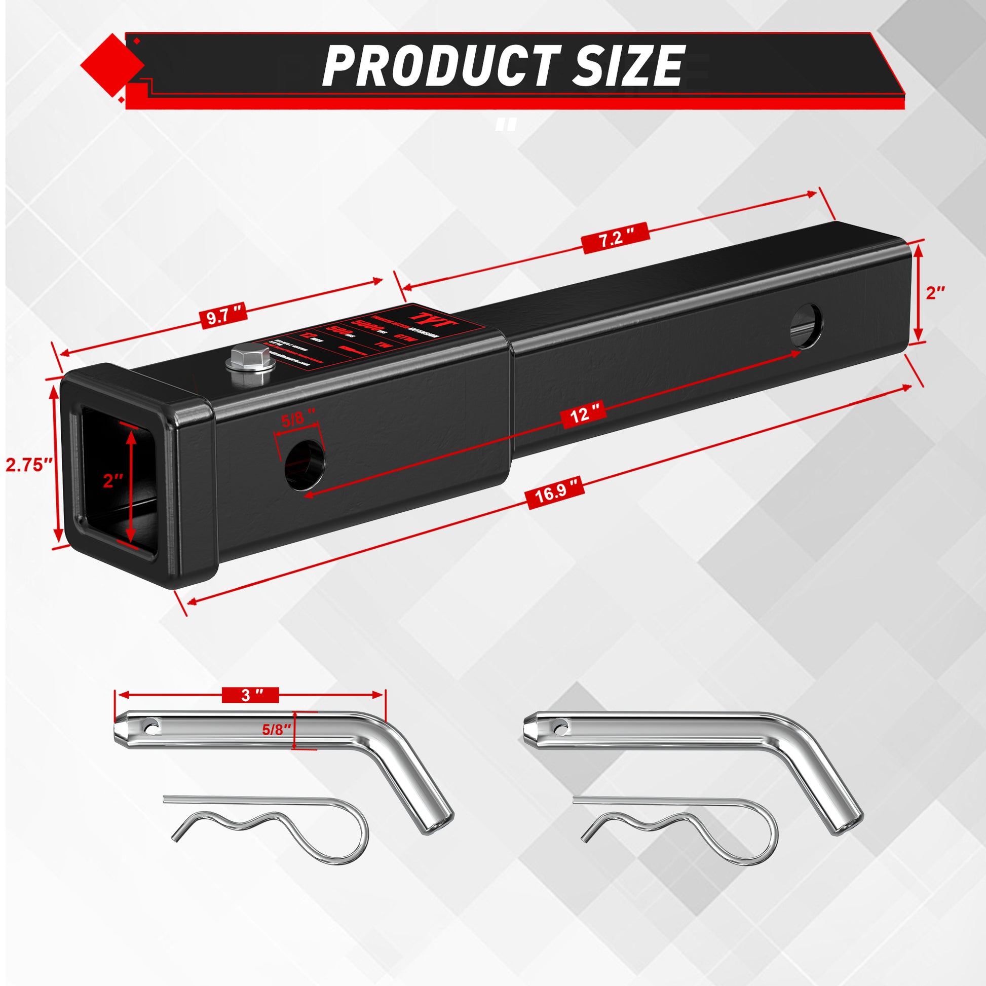 TYT 12" Trailer Hitch Extension for 2 inch Receiver Tube Extender，Includes 2 Sets of 5/8" Premium Hitch Pin, 5000 lbs GTW / 500 lbs TW - TYT4WD