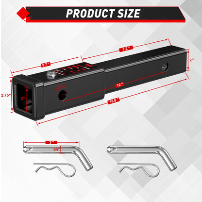 TYT 12" Trailer Hitch Extension for 2 inch Receiver Tube Extender，Includes 2 Sets of 5/8" Premium Hitch Pin, 5000 lbs GTW / 500 lbs TW - TYT4WD