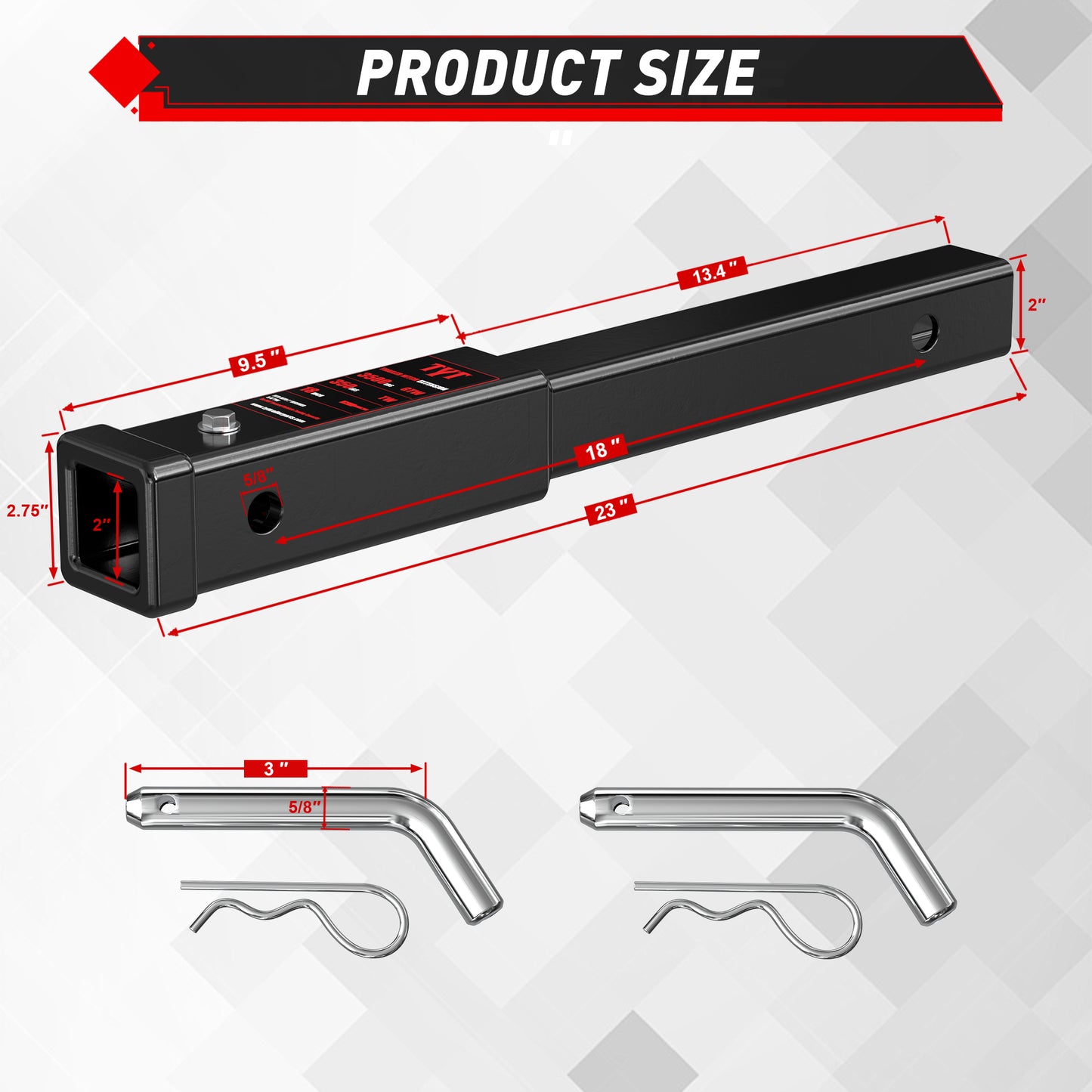 TYT 18" Trailer Hitch Extension, Fits 2 inch Receiver Tube,with 5/8" Advanced Hitch Pin 2-Pack, 3500 lbs GTW / 350 lbs TW - TYT4WD