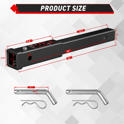 TYT 18" Trailer Hitch Extension, Fits 2 inch Receiver Tube,with 5/8" Advanced Hitch Pin 2-Pack, 3500 lbs GTW / 350 lbs TW - TYT4WD