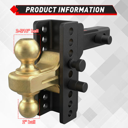 TYT Adjustable Truck Trailer Hitch for 2 inch Receiver, 6" Drop/Rise Tow Hitch with Dual Balls (2" & 2-5/16")(Gold),Includes Two Pin Locks & Hitch Tightener - TYT4WD
