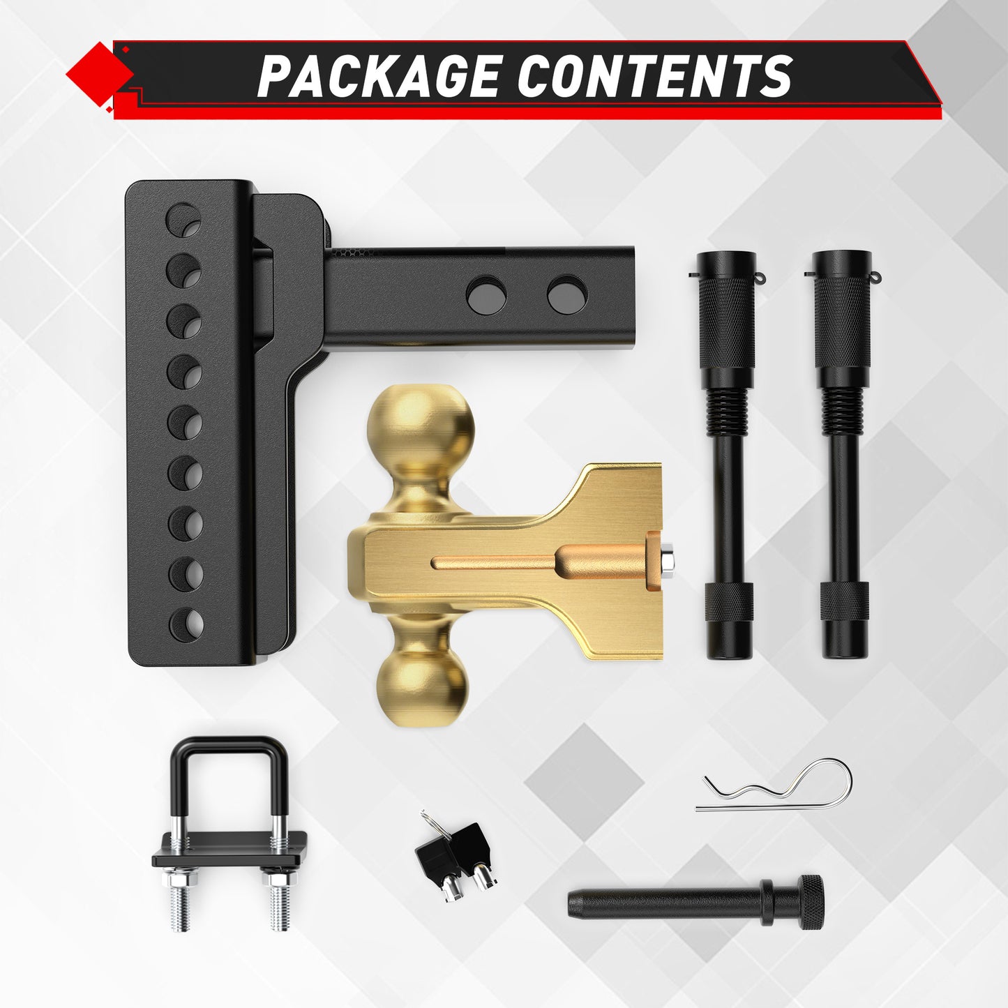 TYT Adjustable Truck Trailer Hitch for 2.5 inch Receiver, 6" Drop/Rise Tow Hitch with Dual Balls (2" & 2-5/16")(Gold),Includes Two Pin Locks & Hitch Tightener - TYT4WD