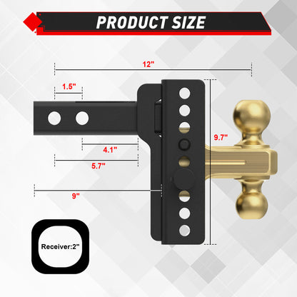 TYT Adjustable Truck Trailer Hitch for 2 inch Receiver, 6" Drop/Rise Tow Hitch with Dual Balls (2" & 2-5/16")(Gold),Includes Two Pin Locks & Hitch Tightener - TYT4WD