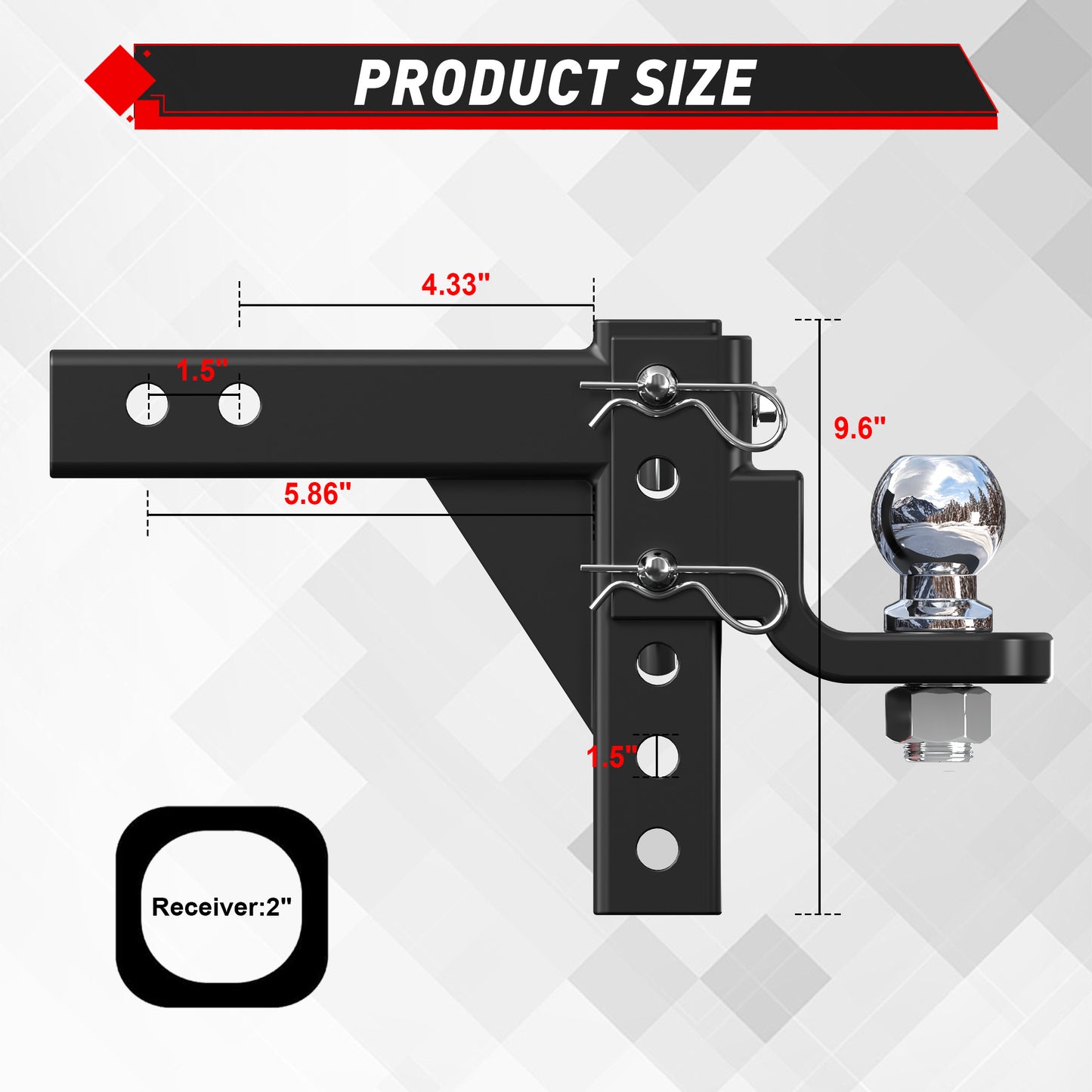 TYT Adjustable Trailer Hitch Ball Mount with 2 inch Ball - TYT4WD
