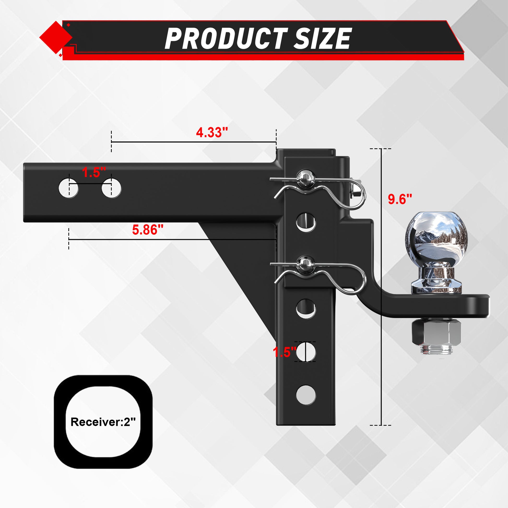 TYT Adjustable Trailer Hitch Ball Mount with 2 inch Ball - TYT4WD