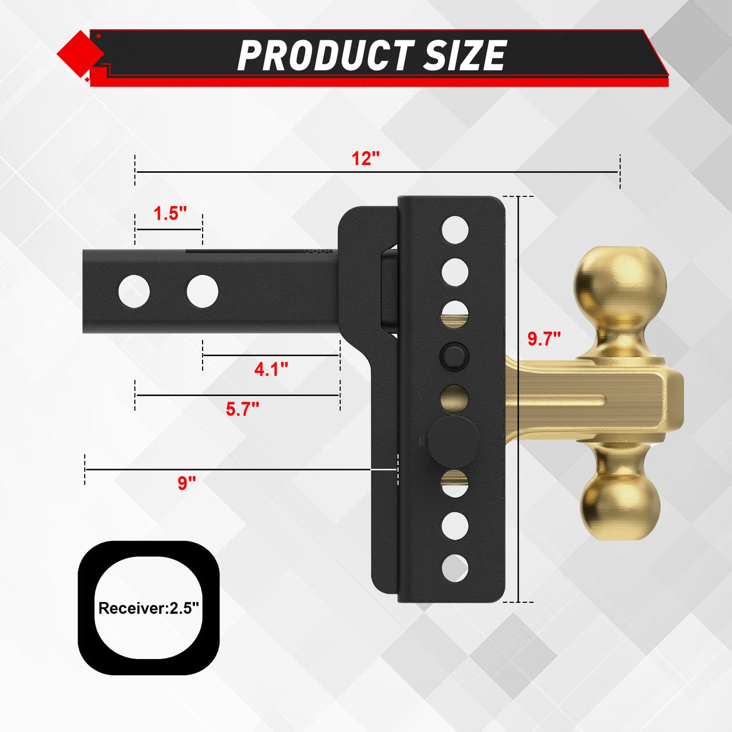 TYT Adjustable Truck Trailer Hitch for 2.5 inch Receiver, 6" Drop/Rise Tow Hitch with Dual Balls (2" & 2-5/16")(Gold),Includes Two Pin Locks & Hitch Tightener - TYT4WD