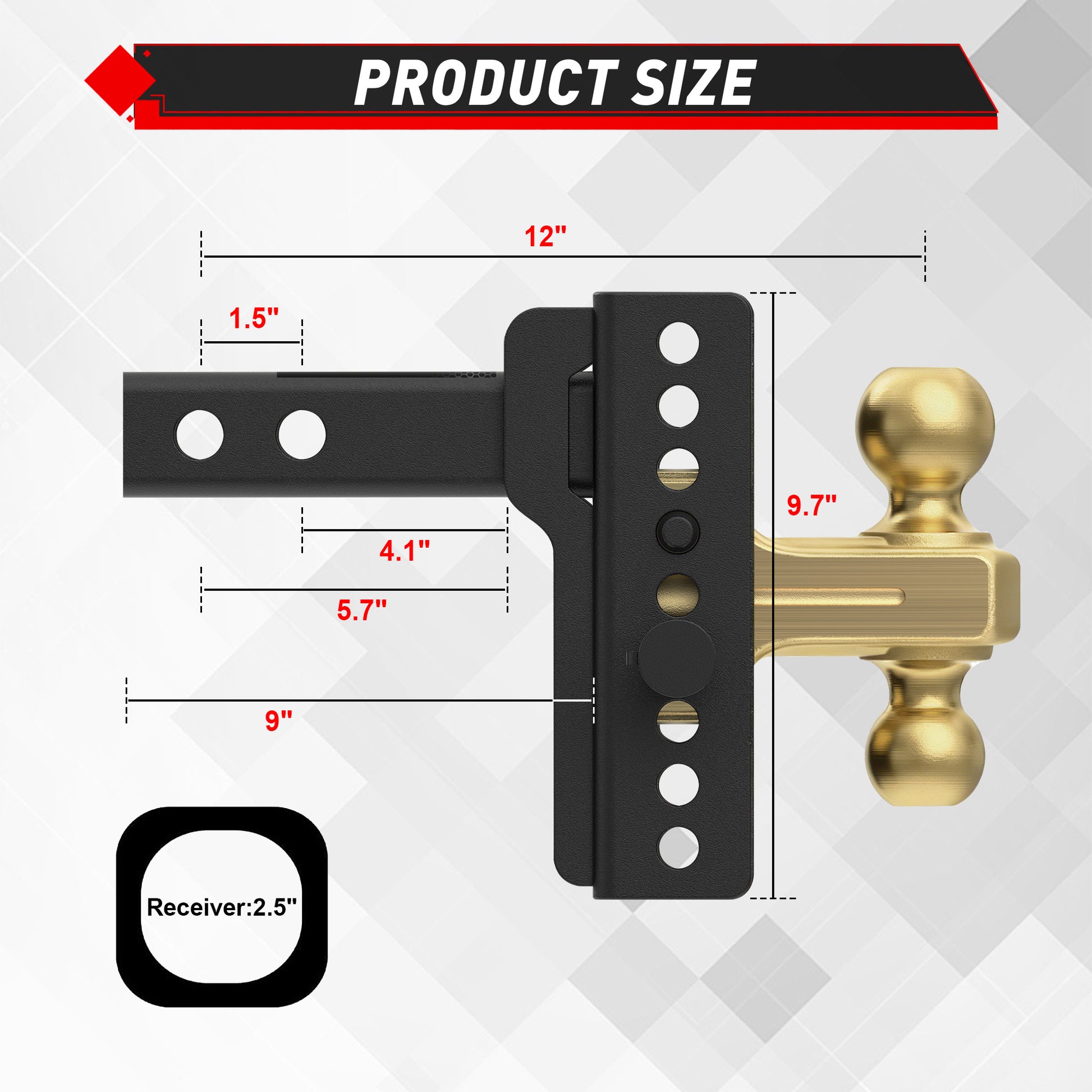 TYT Adjustable Truck Trailer Hitch for 2.5 inch Receiver, 6" Drop/Rise Tow Hitch with Dual Balls (2" & 2-5/16")(Gold),Includes Two Pin Locks & Hitch Tightener - TYT4WD