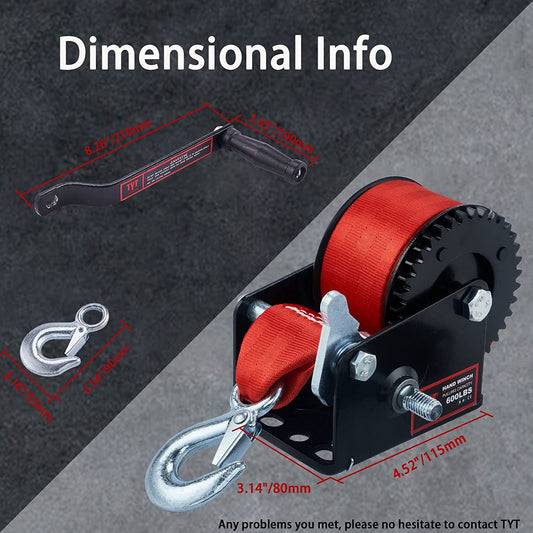 TYT 600LB Boat Trailer Winch with Red Nylon Strap, Anti-Slip Handle Crank Gear Hand Winch, Portable Two-Way Ratchet Forward & Backward Manual Rope Ratio 3.2:1 Winch for ATV Jet Ski Trailer Small Winch - TYT4WD