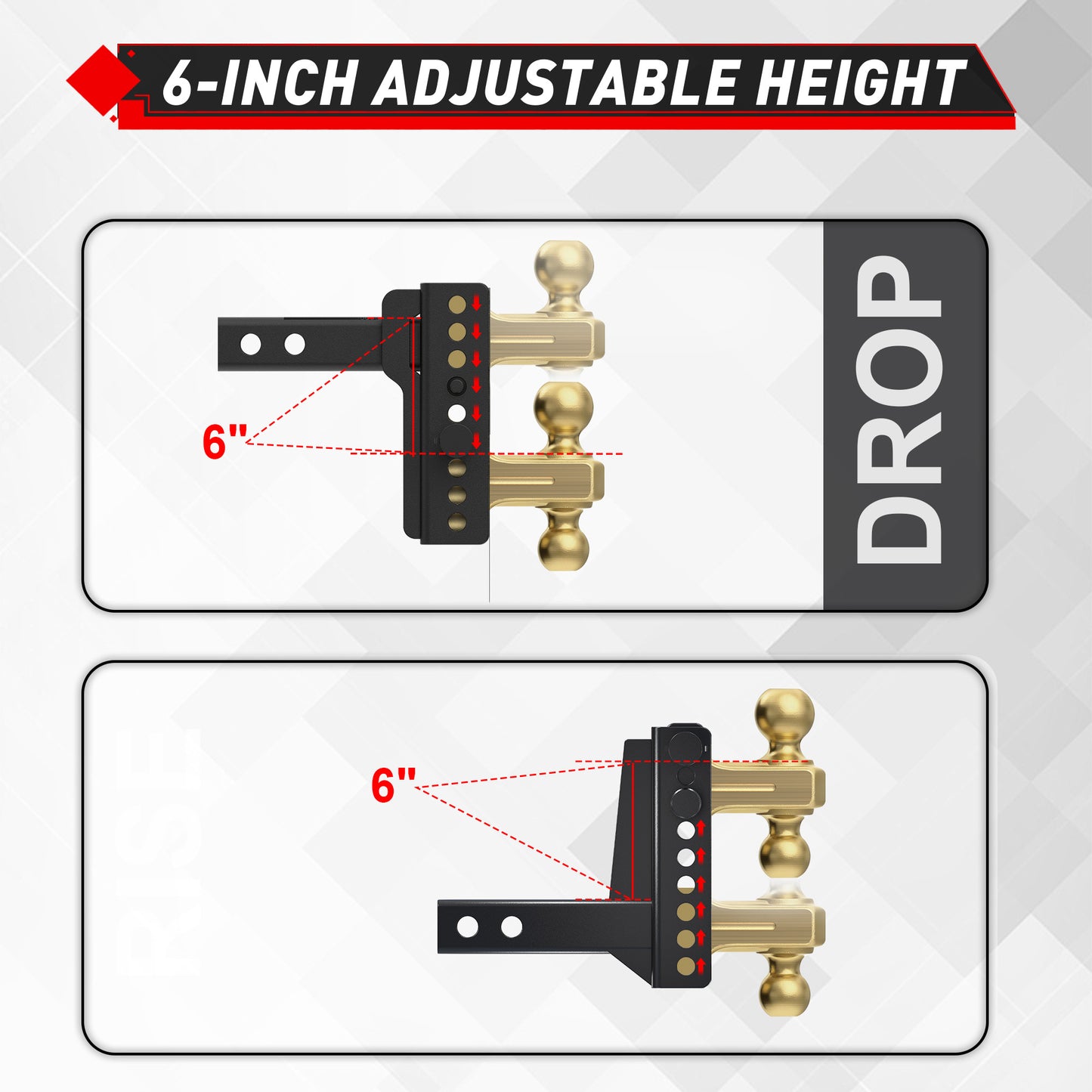 TYT Adjustable Truck Trailer Hitch for 2.5 inch Receiver, 6" Drop/Rise Tow Hitch with Dual Balls (2" & 2-5/16")(Gold),Includes Two Pin Locks & Hitch Tightener - TYT4WD