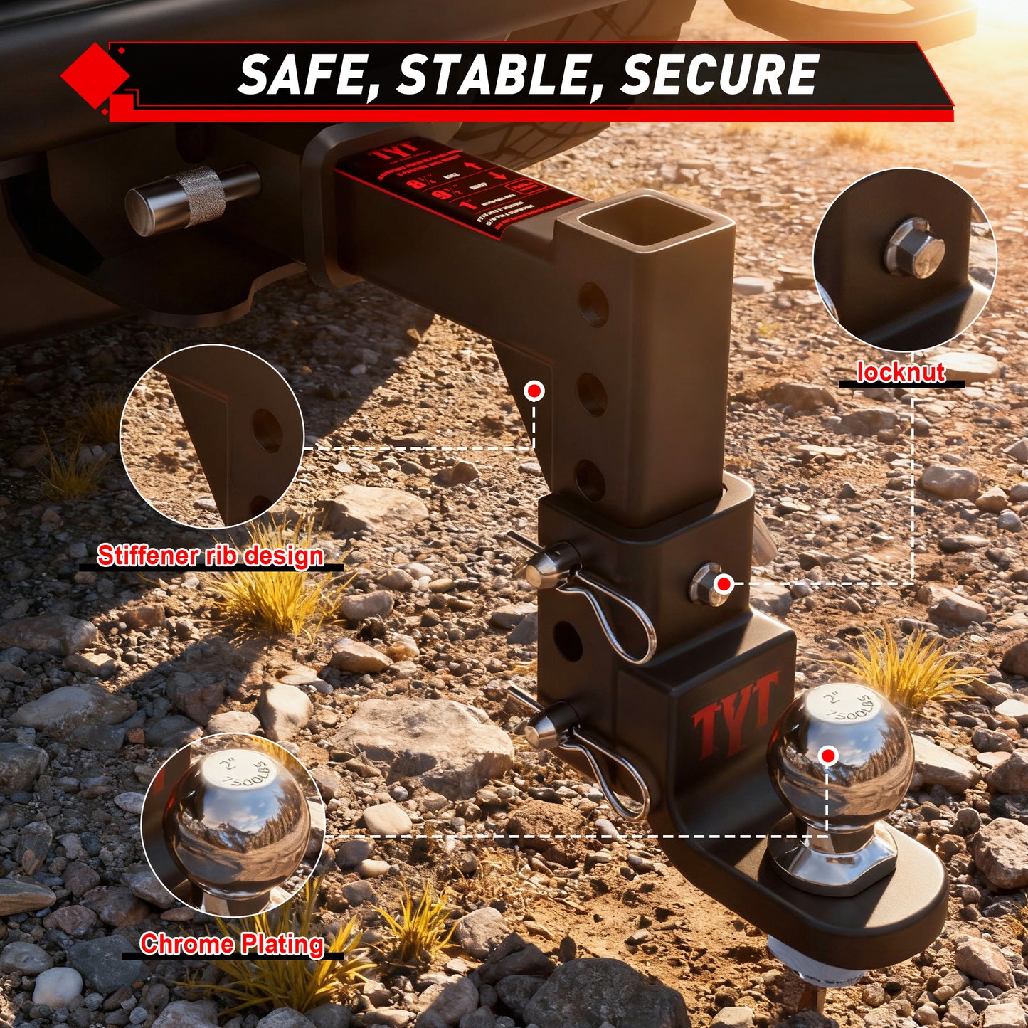 TYT Adjustable Trailer Hitch Ball Mount with 2 inch Ball - TYT4WD
