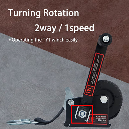 TYT 600LB Boat Trailer Winch with Black Polyster Strap, Anti-Slip Handle Crank Gear Hand Winch, Portable Two-Way Ratchet Forward & Backward Manual Rope Winch for ATV UTV Jet Ski Trailer Small Winch - TYT4WD