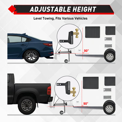 TYT Adjustable Truck Trailer Hitch for 2.5 inch Receiver, 6" Drop/Rise Tow Hitch with Dual Balls (2" & 2-5/16")(Gold),Includes Two Pin Locks & Hitch Tightener - TYT4WD
