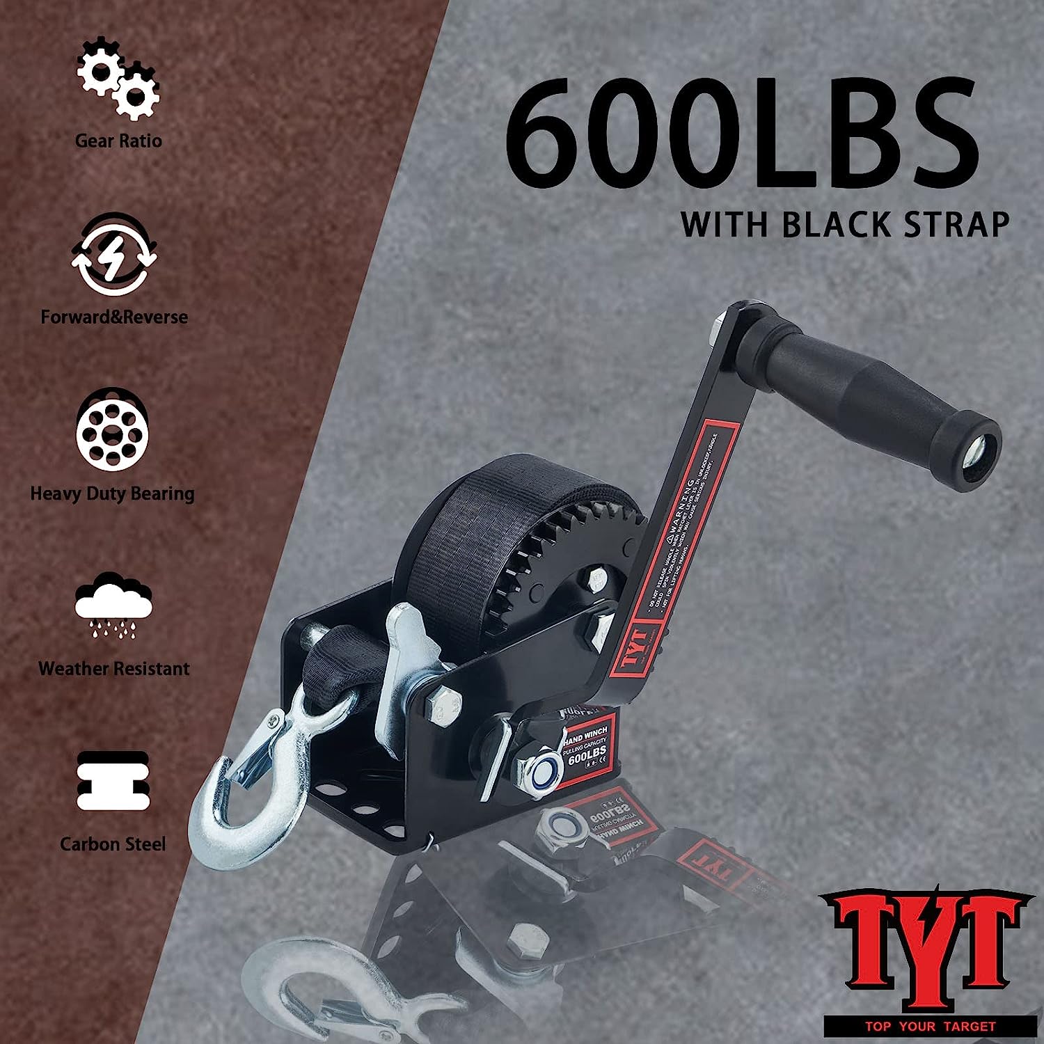 TYT 600LB Boat Trailer Winch with Black Polyster Strap, Anti-Slip Handle Crank Gear Hand Winch, Portable Two-Way Ratchet Forward & Backward Manual Rope Winch for ATV UTV Jet Ski Trailer Small Winch - TYT4WD