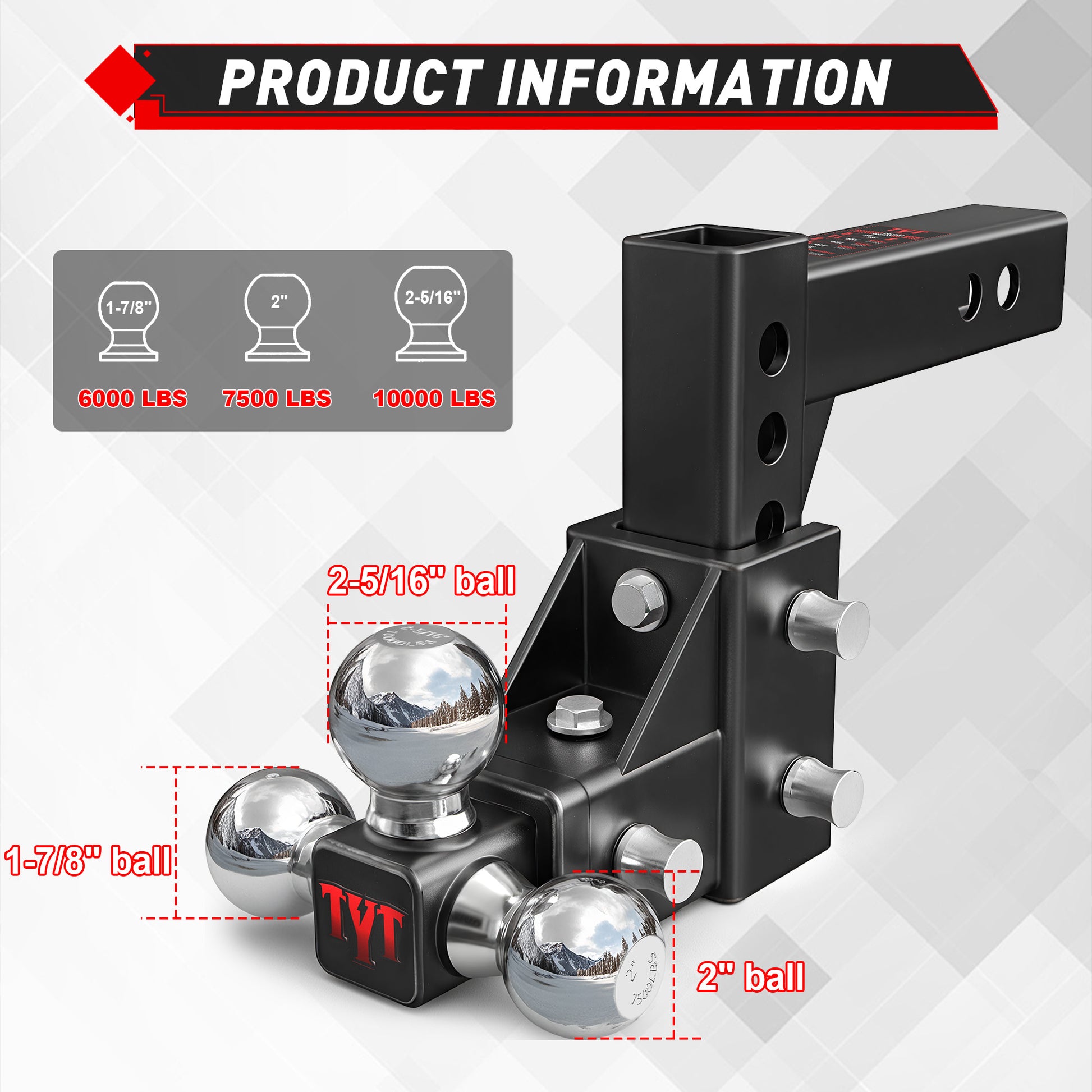 TYT Adjustable Trailer Hitch 3-in-1 Tri-Ball Mount - TYT4WD