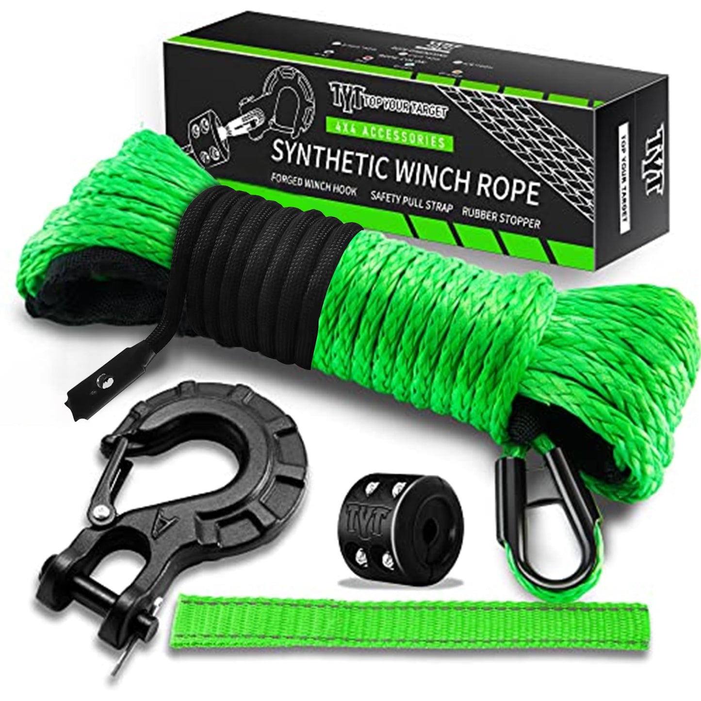 TYT Synthetic Winch Rope Kit - 1/4'' x 50' with 10000 lbs Strength, Protective Sleeve, Heavy Duty Hook, Rubber Stopper, & Safety Pull Strap for Off-Road 4x4 Vehicles (Green) (JPS1450OG) - TYT4WD