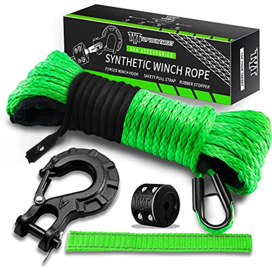 TYT Off-Road Winch Rope Kit - 3/16''x50', 8500 Lbs Green Synthetic Cable with Protective Sheath, Heavy-Duty Hook, Safety Pull Strap & Rubber Stopper Ideal for 4WD ATV UTV Vehicles, (JPS31650G) - TYT4WD