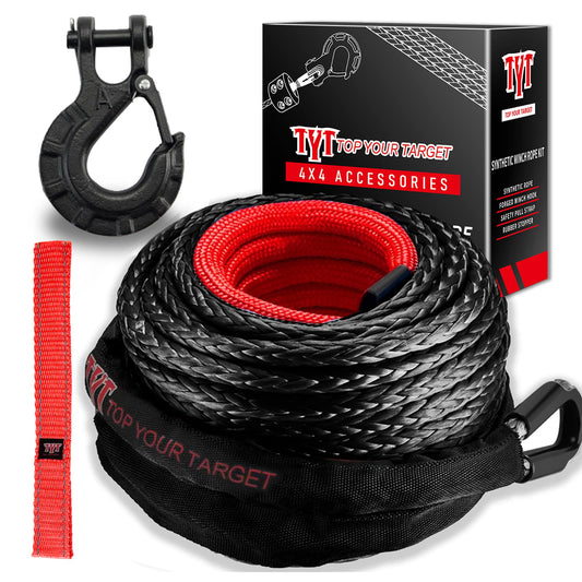 TYT Synthetic Winch Rope Kit - 3/8" x 92' with 27000 lbs Strength, Protective Sleeve, Heavy Duty Hook and Safety Pull Strap for Off-Road 4x4 Vehicles (Black) - TYT4WD