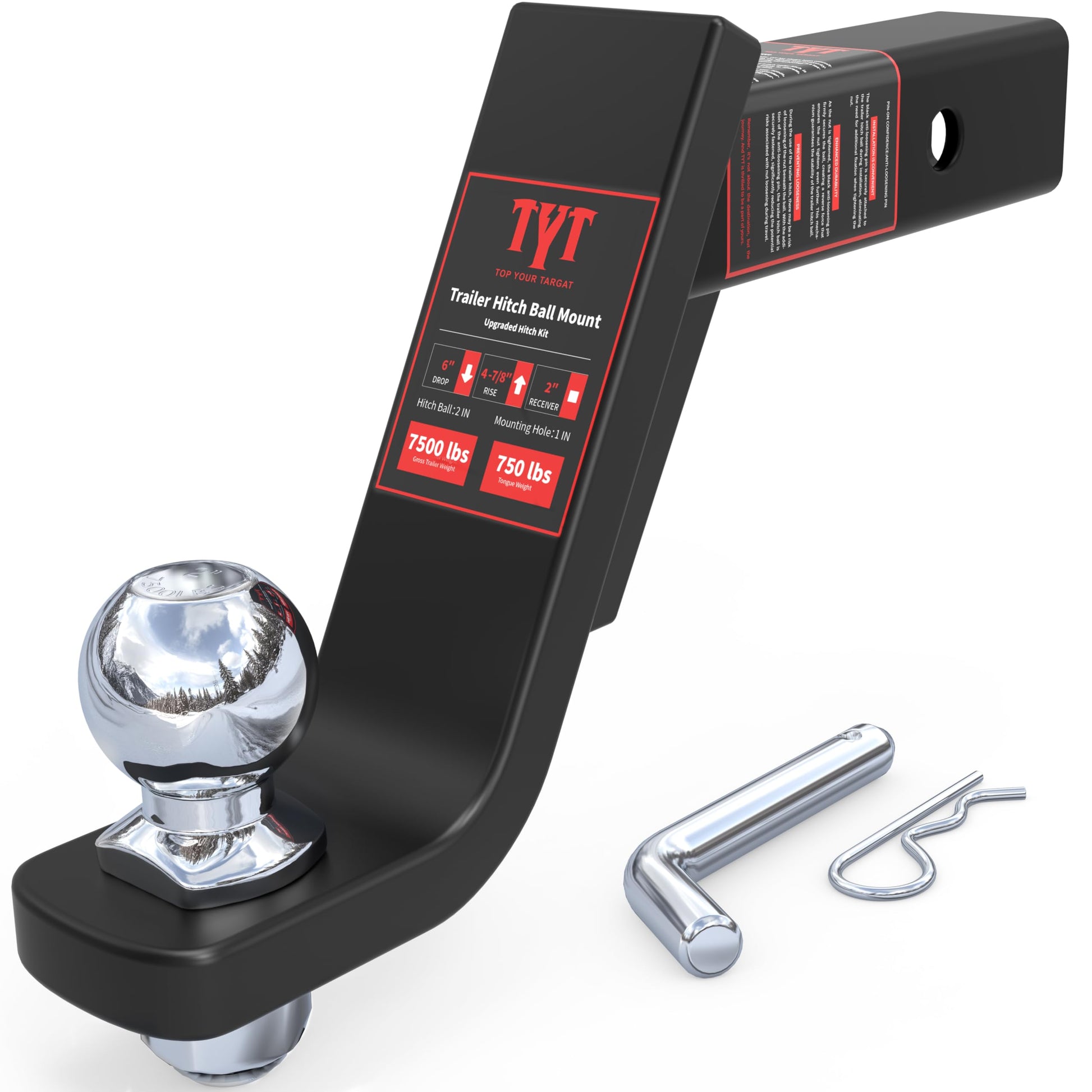 TYT Trailer Hitch Ball Mount Kit, 6-Inch Drop, Fits 2-Inch Receiver, 2-Inch Trailer Ball with 5/8" Hitch Pin Clip - TYT4WD