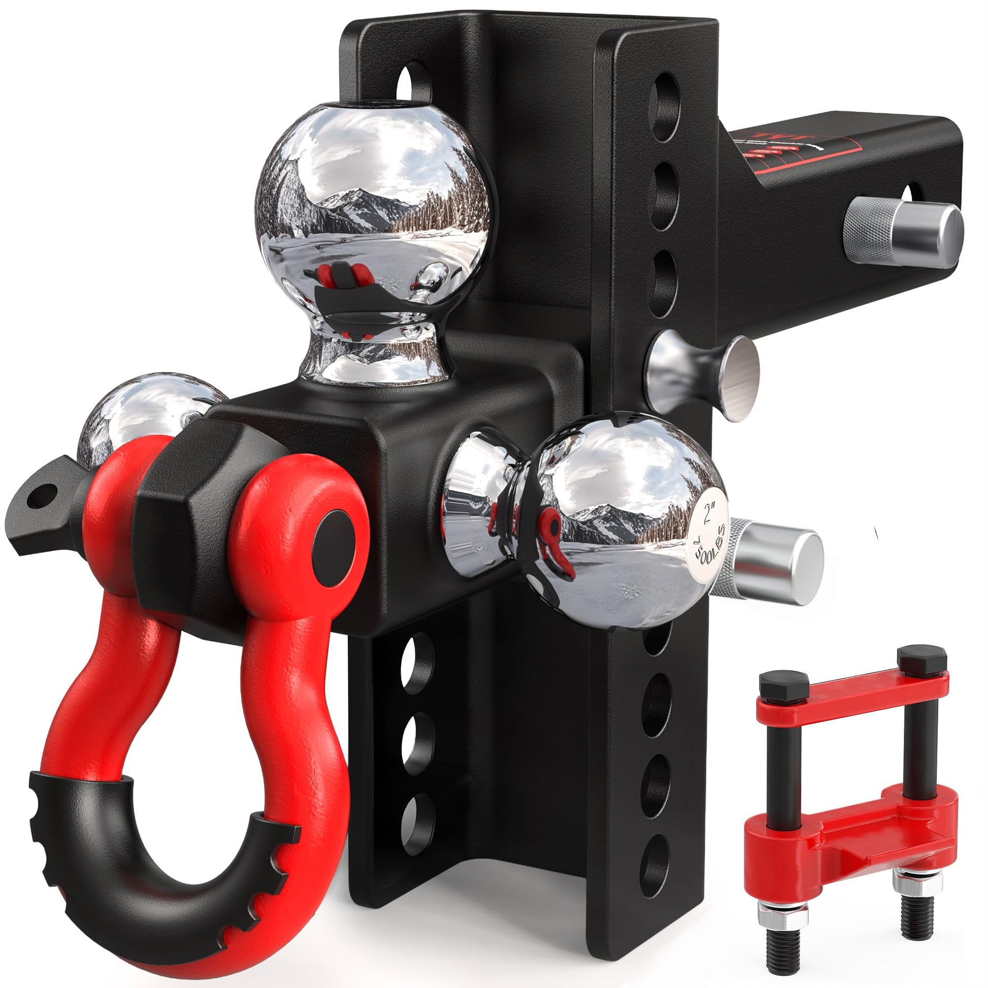 TYT Adjustable Tri-Ball Trailer Hitch for 2 inch Receiver, 4.5" Drop/Rise, Triple Balls (1-7/8", 2", 2-5/16") with Shackle，Pin Lock & Hitch Tightener - TYT4WD