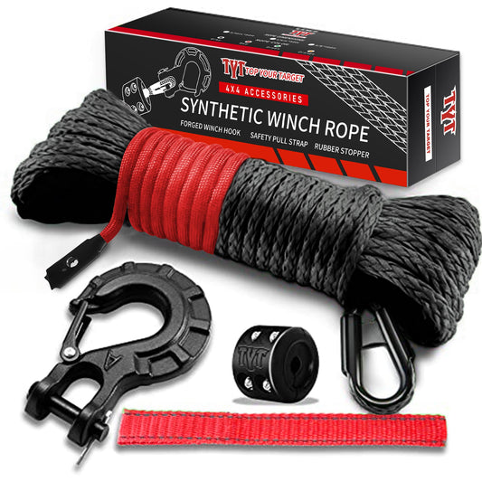 TYT Off-Road Winch Rope Kit - 3/16''x50', 8500 Lbs Black Synthetic Cable with Protective Sheath, Heavy-Duty Hook, Safety Pull Strap & Rubber Stopper Ideal for 4WD ATV UTV Vehicles, Grey, (JPS3650IG) - TYT4WD