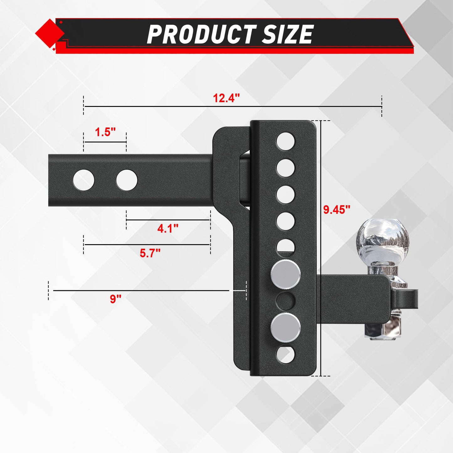 TYT Adjustable Trailer Hitch for 2" Receiver, 6" Drop/Rise, 2" Tow Ball, 7,500 lbs GTW / 750 lbs TW, Includes Two Pins and One Anti-Theft Pin Lock - TYT4WD