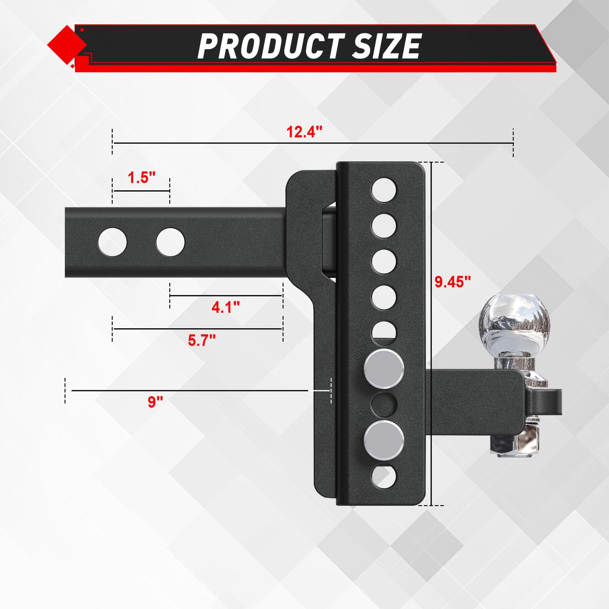 TYT Adjustable Trailer Hitch for 2" Receiver, 6" Drop/Rise, 2" Tow Ball, 7,500 lbs GTW / 750 lbs TW, Includes Two Pins and One Anti-Theft Pin Lock - TYT4WD