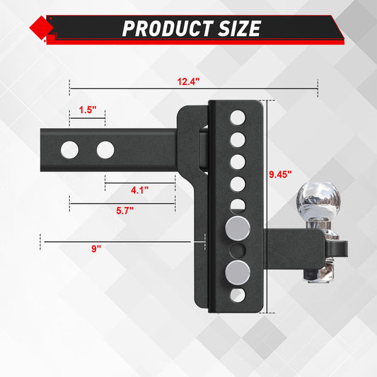 TYT Adjustable Trailer Hitch for 2" Receiver, 6" Drop/Rise, 2" Tow Ball, 7,500 lbs GTW / 750 lbs TW, Includes Two Pins and One Anti-Theft Pin Lock - TYT4WD