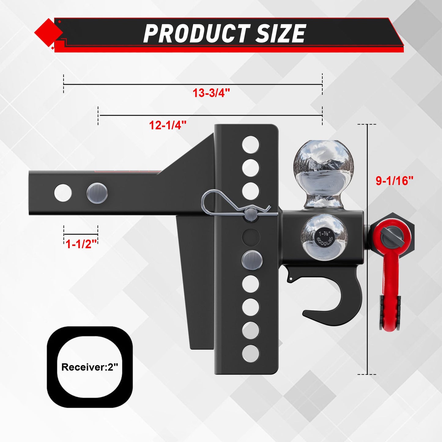 TYT Adjustable Tri-Ball Hitch for 2" Receiver with Tow Hook & Shackle - TYT4WD