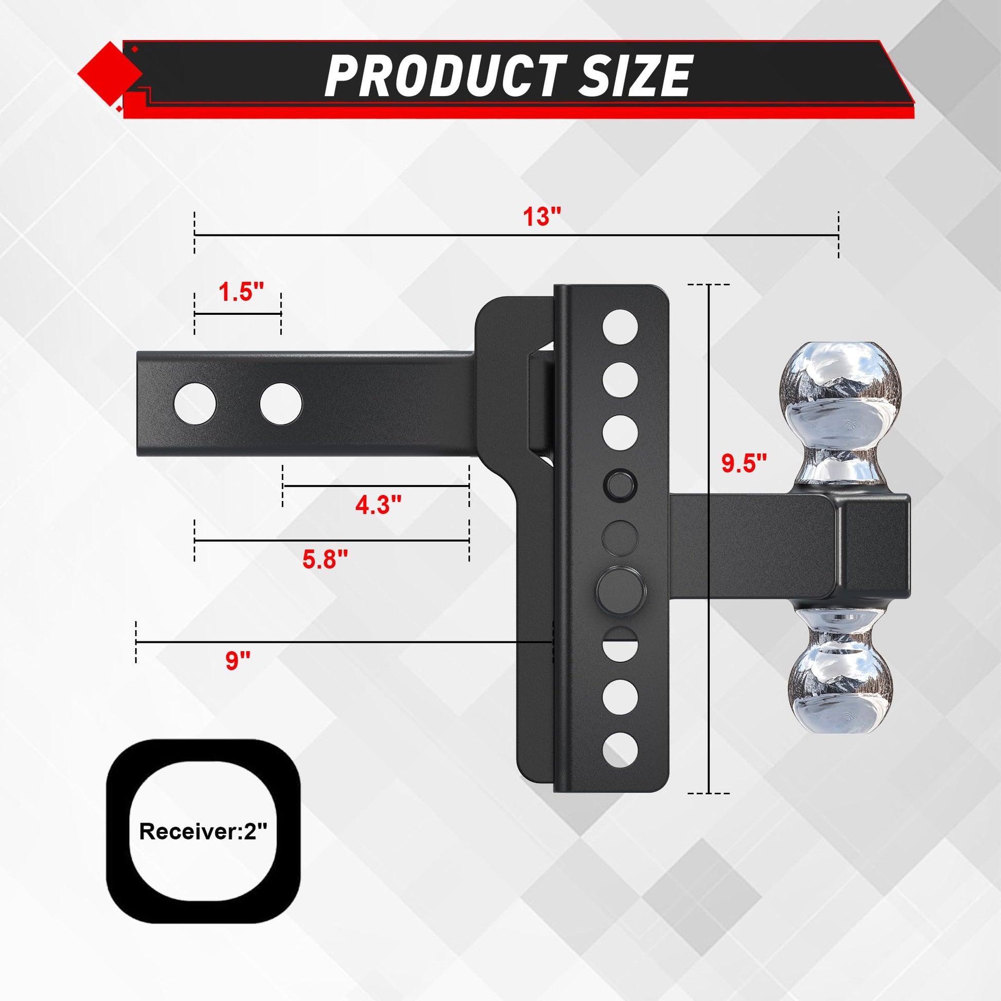 TYT Adjustable Truck Trailer Hitch for 2 inch Receiver, 6" Drop/Rise Tow Hitch with Dual Balls，Includes Two Pin Locks & Hitch Tightener (2" & 2-5/16") - TYT4WD
