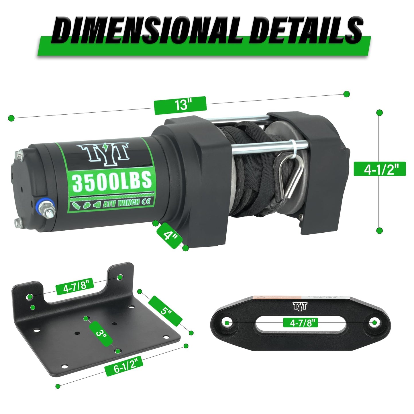 TYT 3500 lb ATV Winch with 7/32"x 30FT Synthetic Rope, 12V DC Electric Winch with Wireless Remote - TYT4WD