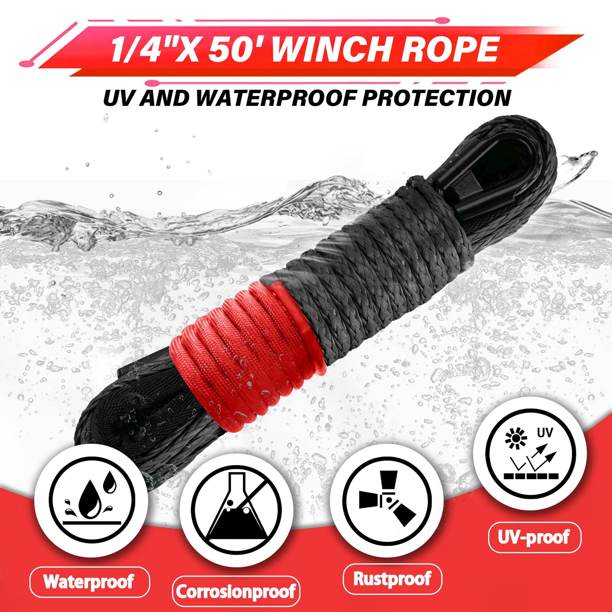 TYT Off-Road Winch Rope Kit - 1/4''x50', 10000 Lbs Black Synthetic Cable with Protective Sheath, Heavy-Duty Hook, Safety Pull Strap & Rubber Stopper Ideal for 4WD ATV UTV Vehicles, Grey, (JPS1450IG) - TYT4WD