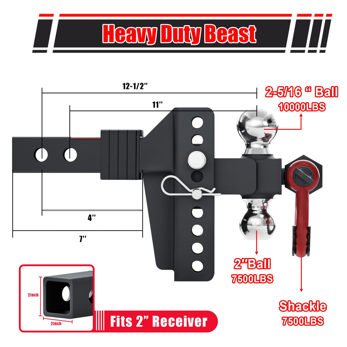TYT Adjustable Trailer Hitch Ball Mount with Lock&Pin&Rotatable Tow Shackle, Fits 2-in Receiver, 5" Rise/Drop, 2-in, 2-5/16-in Hitch Ball, 10000LBS GTW, Ultra Quiet - TYT4WD