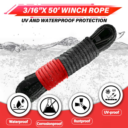 TYT Off-Road Winch Rope Kit - 3/16''x50', 8500 Lbs Black Synthetic Cable with Protective Sheath, Heavy-Duty Hook, Safety Pull Strap & Rubber Stopper Ideal for 4WD ATV UTV Vehicles, Grey, (JPS3650IG) - TYT4WD