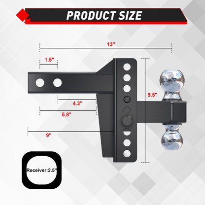 TYT Adjustable Truck Trailer Hitch for 2.5 inch Receiver, 6" Drop/Rise Tow Hitch with Dual Balls (2" & 2-5/16")，Includes Two Pin Locks & Hitch Tightener - TYT4WD