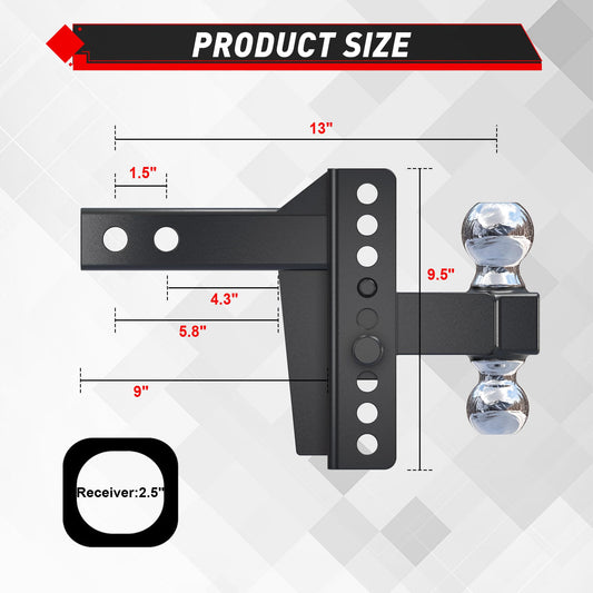 TYT Adjustable Truck Trailer Hitch for 2.5 inch Receiver, 6" Drop/Rise Tow Hitch with Dual Balls (2" & 2-5/16")，Includes Two Pin Locks & Hitch Tightener - TYT4WD