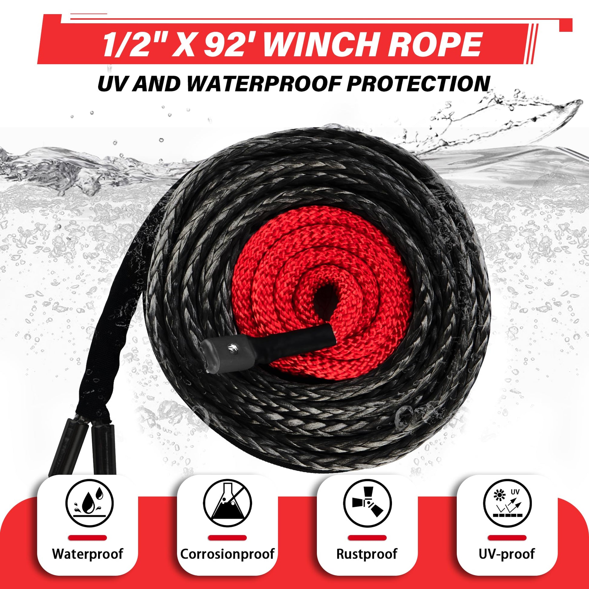 TYT Synthetic Winch Rope Kit - 1/2" x 92' with 32000 lbs Strength, Protective Sleeve, Heavy Duty Hook and Safety Pull Strap for Off-Road 4x4 Vehicles, Trucks (Black) - TYT4WD