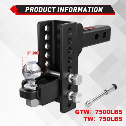 TYT Adjustable Trailer Hitch for 2" Receiver, 6" Drop/Rise, 2" Tow Ball, 7,500 lbs GTW / 750 lbs TW, Includes Two Pins and One Anti-Theft Pin Lock - TYT4WD