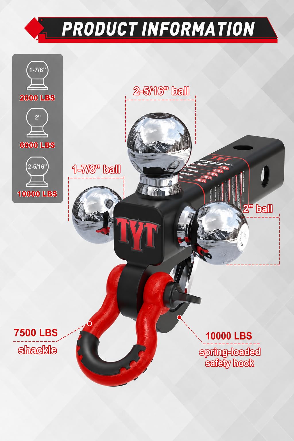 TYT 5-in-1 Tri-Ball Hitch Ball Mount for 2-Inch Receiver, 10,000 lbs GTW