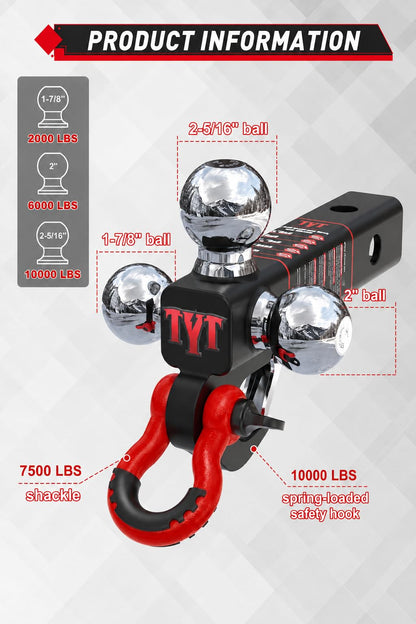TYT 5-in-1 Tri-Ball Hitch Ball Mount for 2-Inch Receiver, 10,000 lbs GTW