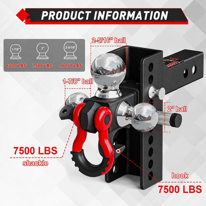 TYT Adjustable 5-in-1 Tri-Ball Hitch Ball Mount for 2-1/2 in Receiver