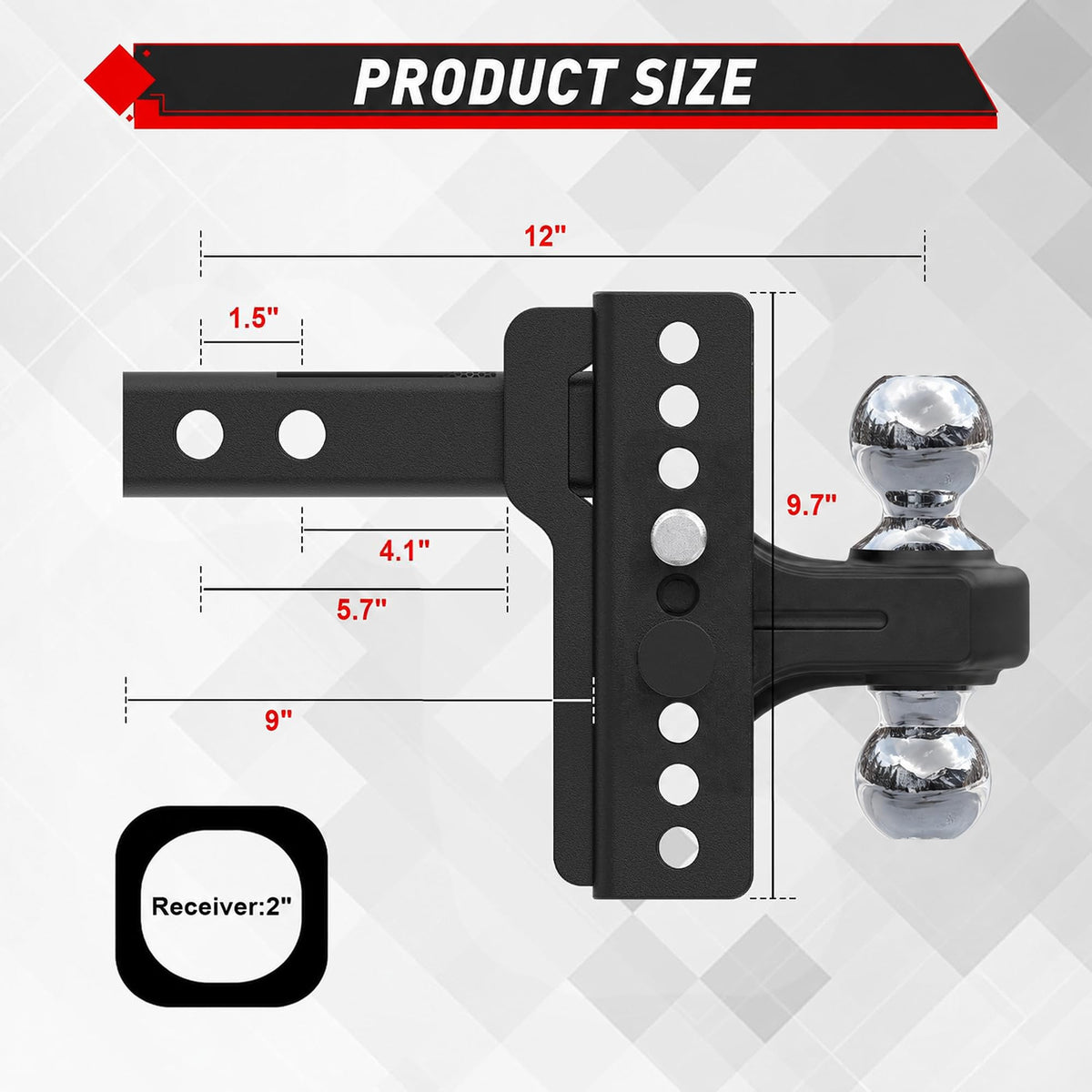 TYT Adjustable Heavy Duty Trailer Hitch Ball Mount for 2-Inch Receiver - TYT4WD