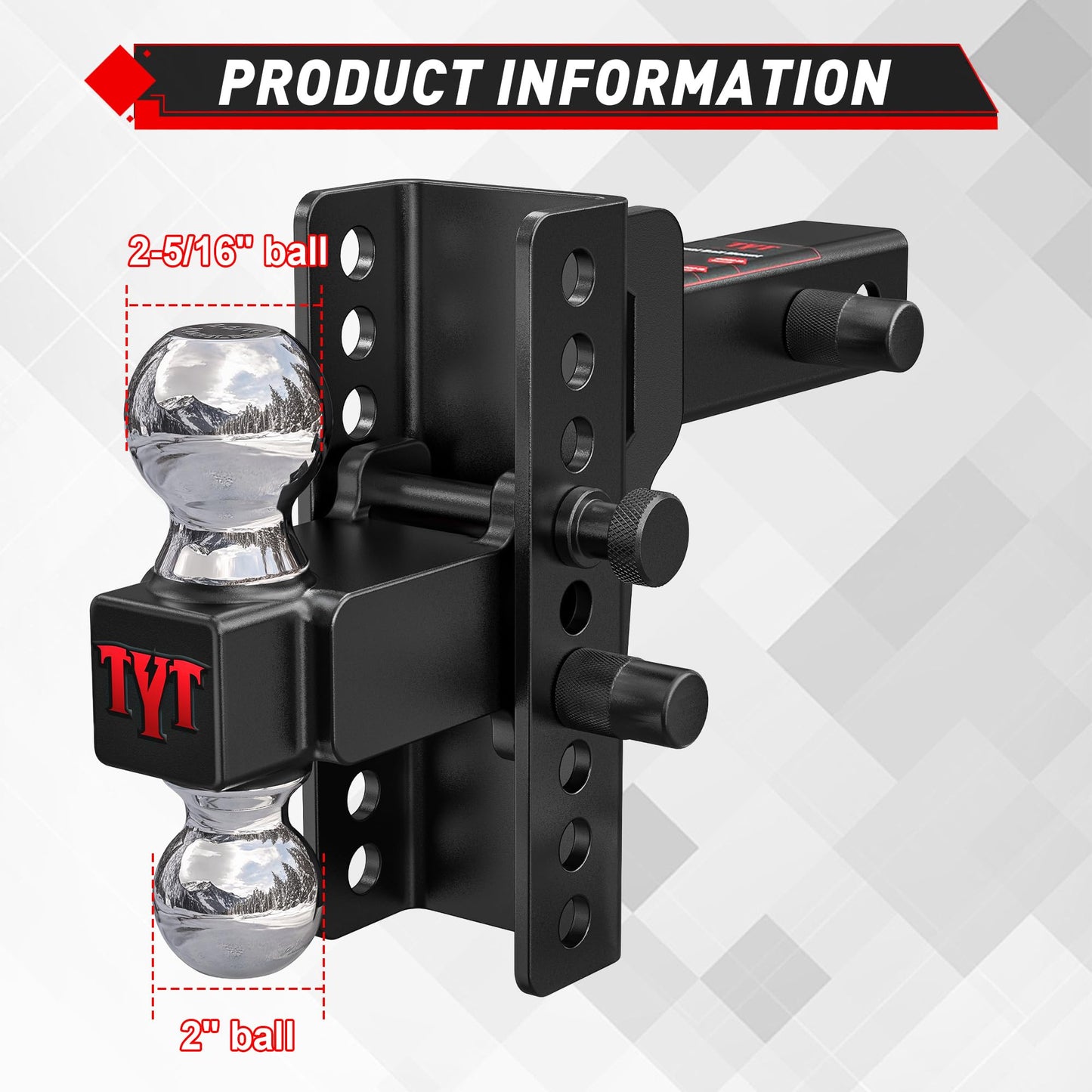 TYT Adjustable Truck Trailer Hitch for 2 inch Receiver, 6" Drop/Rise Tow Hitch with Dual Balls，Includes Two Pin Locks & Hitch Tightener (2" & 2-5/16") - TYT4WD