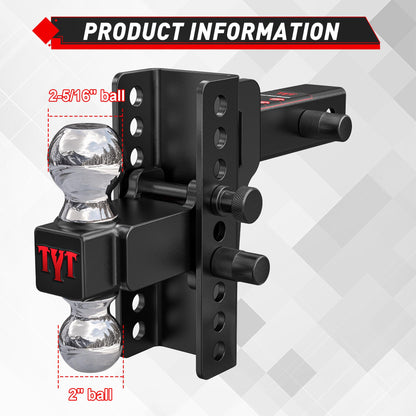 TYT Adjustable Truck Trailer Hitch for 2 inch Receiver, 6" Drop/Rise Tow Hitch with Dual Balls，Includes Two Pin Locks & Hitch Tightener (2" & 2-5/16") - TYT4WD