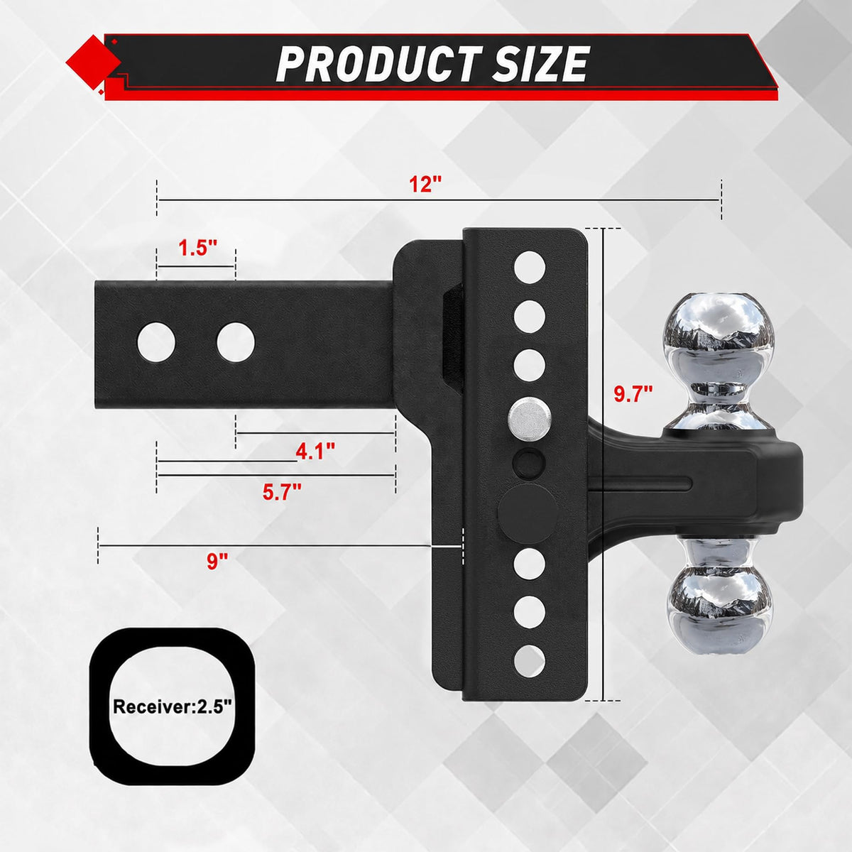 TYT Adjustable Heavy Duty Trailer Hitch Ball Mount for 2.5" Receiver - TYT4WD