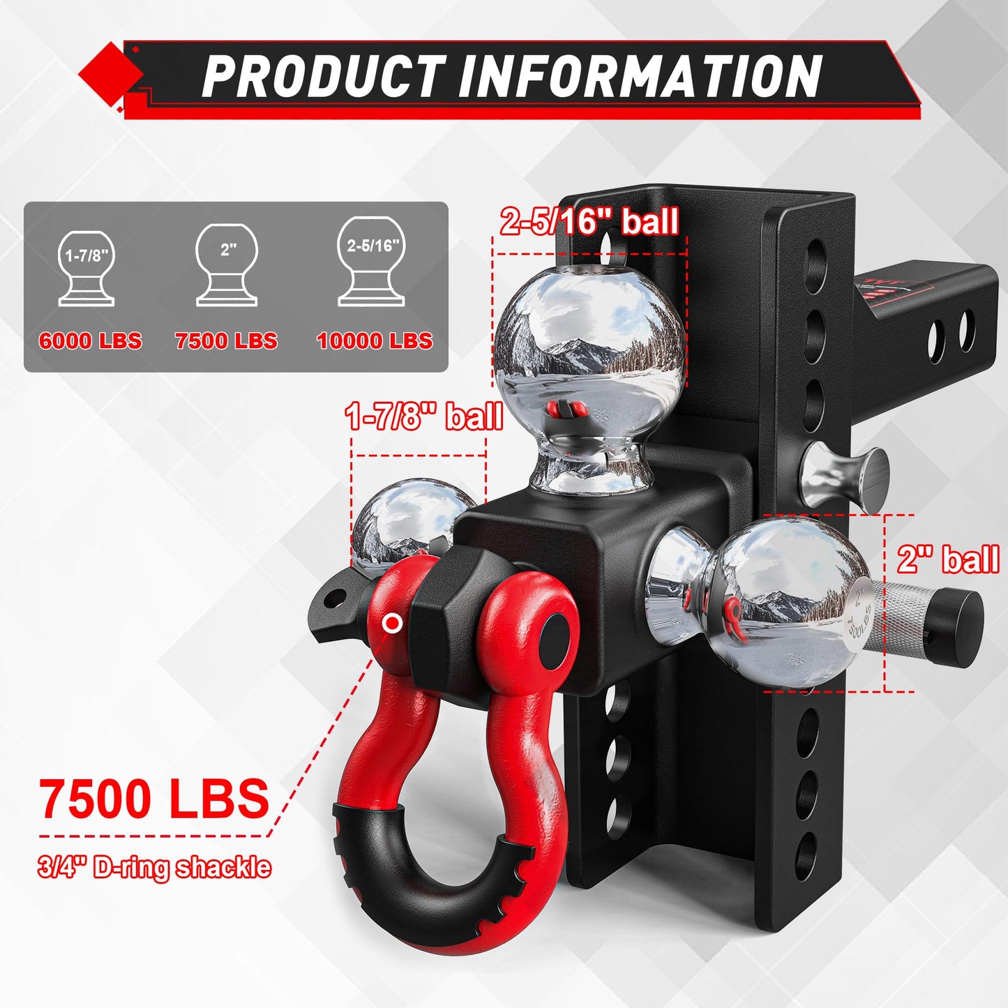 TYT Adjustable Tri-Ball Trailer Hitch for 2 inch Receiver, 4.5" Drop/Rise, Triple Balls (1-7/8", 2", 2-5/16") with Shackle，Pin Lock & Hitch Tightener - TYT4WD